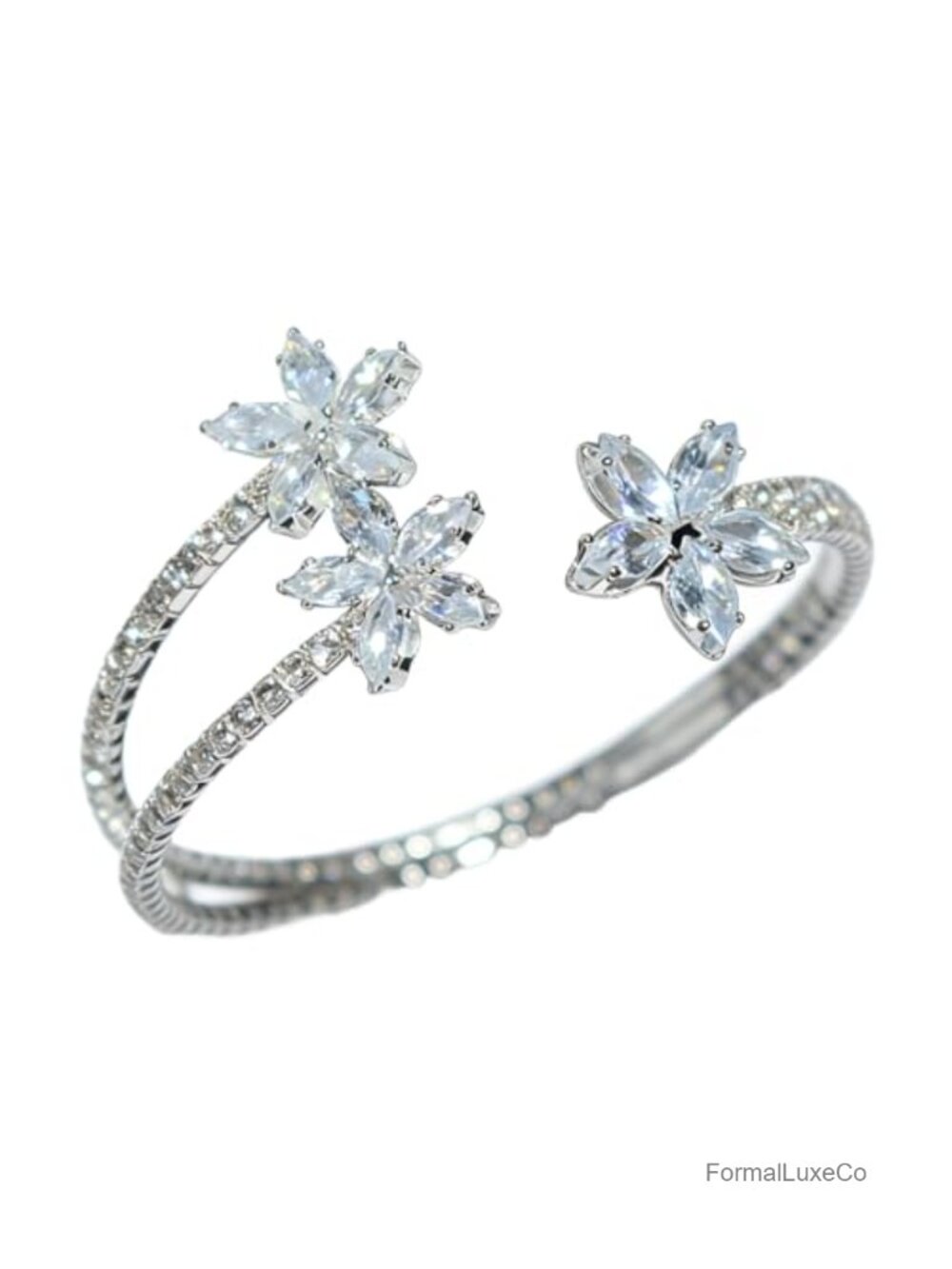 Silver Open Cuff Bracelet Multi Layer Cubic Zirconia Wedding Bridal Party